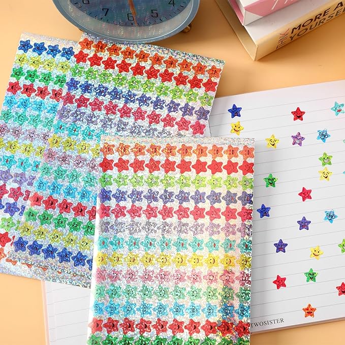 Janyun 6750 Star Stickers, 15 Designs Reward Smile Face Stickers for Kids, Glitter Foil Star Labels for School Students Teacher Supplies