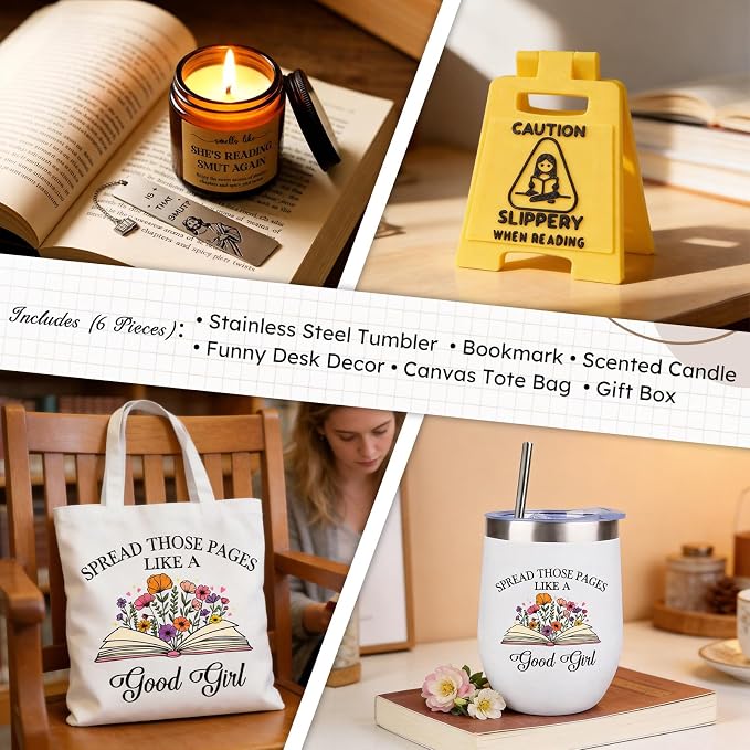 Funny Book Lover Gifts for Women - Humorous & Warm Bookish Gift Set Includes Tumbler, Scented Candle, Tote Bag & Gift Box ā Reader Gifts Box for Teacher, Friends