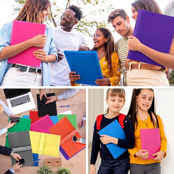 Cholemy 72 Packs Pocket Folders with Prongs Heavy Duty Plastic Folder with Business Card Slot 3 Prong Fasteners for School Office (Rainbow)