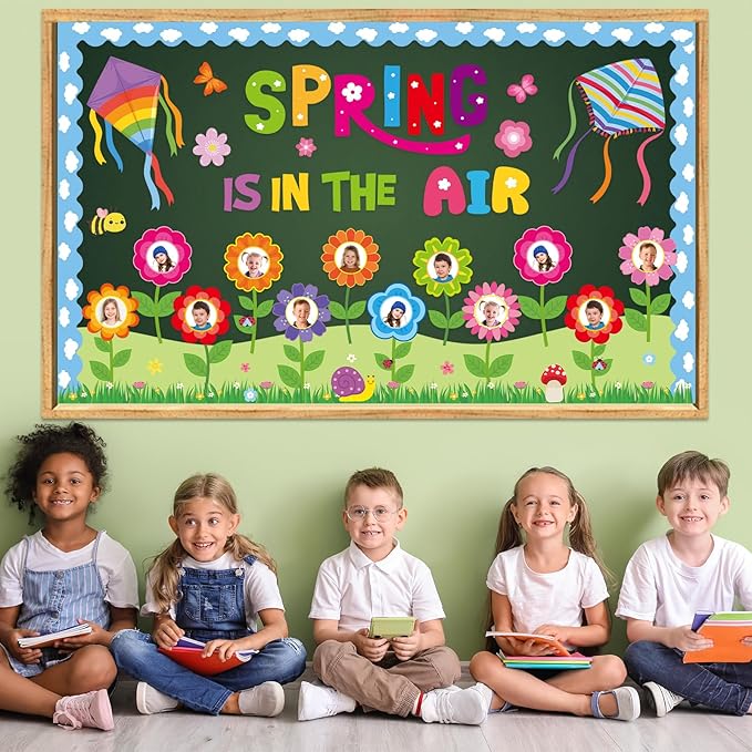Spring is in The Air Bulletin Board Set Colorful Floral Butterfly Photo Craft Cutouts Classroom Decorations Spring Theme Party Flower Kite Paper Cutouts for Classroom School Home Supplies