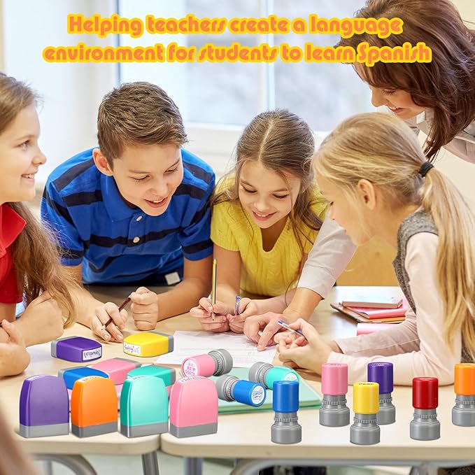 Jetec 16 Pcs Spanish Teacher Self Inking Stamps Teacher Gifts Motivation Grading Stamps for Signature Homework Reward Supplies(Rectangular + Round)