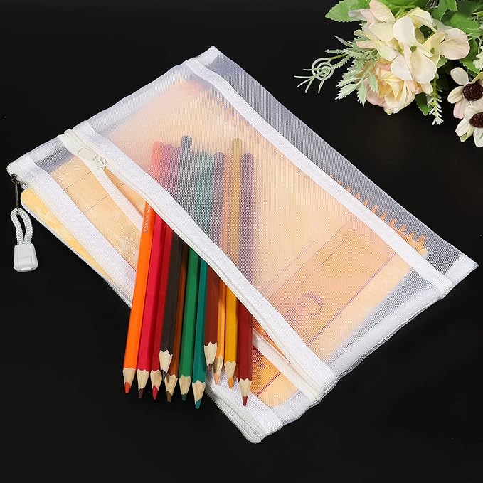 MECCANIXITY Mesh Zipper Bags, A5 Nylon Double Layer Zip File Pouch Storage Organizer Pockets for Travel Office Accessories, White Pack of 6