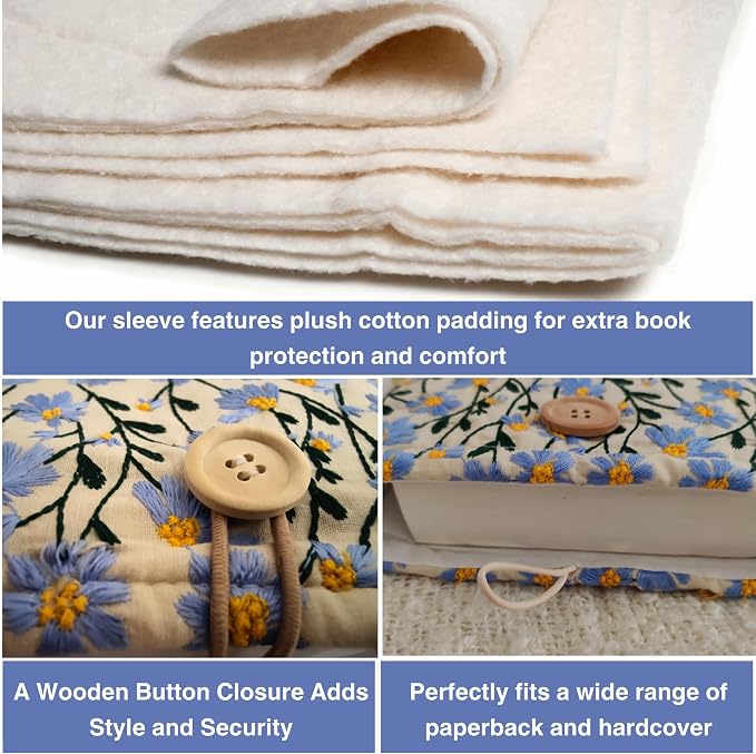 Daisy Embroidered Canvas Book Sleeve - Elegant Book Cover, Cotton Padded Protector for Paperbacks & Hardcovers, Ideal for Book Lovers, 10.6x8.7 inches, Wooden Button (Blue & Beige)