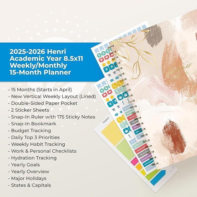 Blue Sky 15 Month 2025-2026 Weekly and Monthly Academic Year Planner Calendar, April 2025 - June 2026, 8.5" x 11", Hard Cover, Wirebound, Laminated Tabs, Storage Pocket, Includes Ruler & Stickers, Henri