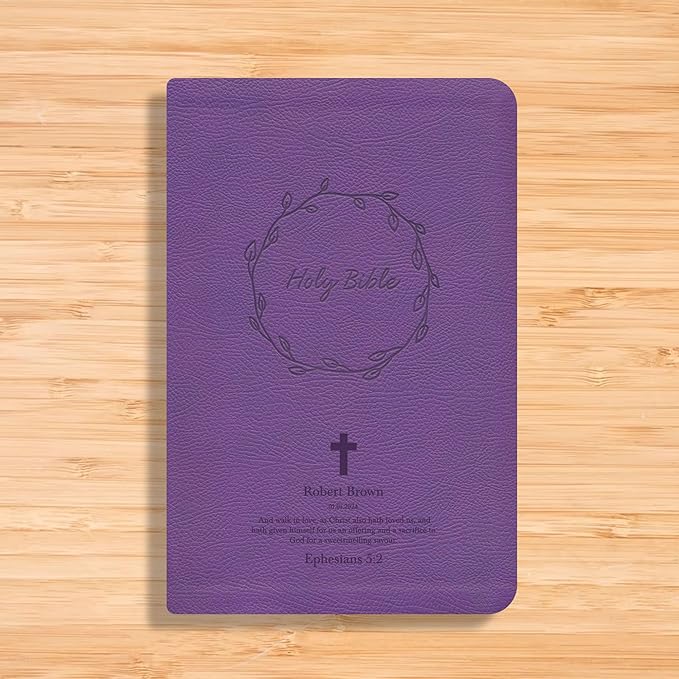 MerchSalad Personalized Custom NKJV Thinline Large Print Holy Bible with Name Includes Up To 3 Rows Of Text with Red-Highlighted Verses, Custom Gift for Christian & Religious Celebrations | Purple