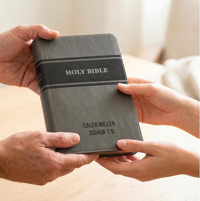 Printualist Personalized KJV Deluxe Holy Bible with Name Engraved, Red Letter King James Version, Faux Leather Gray Cover, Custom Gift Bible for Christian Celebrations