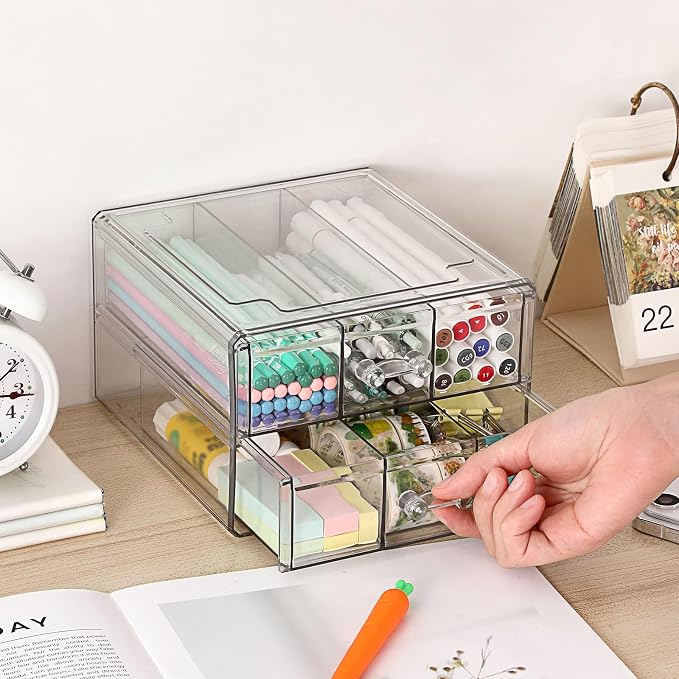BTSKY Stackable Desk Organizer with 2 Layer Drawers, Clear Acrylic Drawer Organizer for Stationary Accessories, Medicine Cabinet, Vanity and Office Desk, Small Desktop Storage Box with 6 Grids