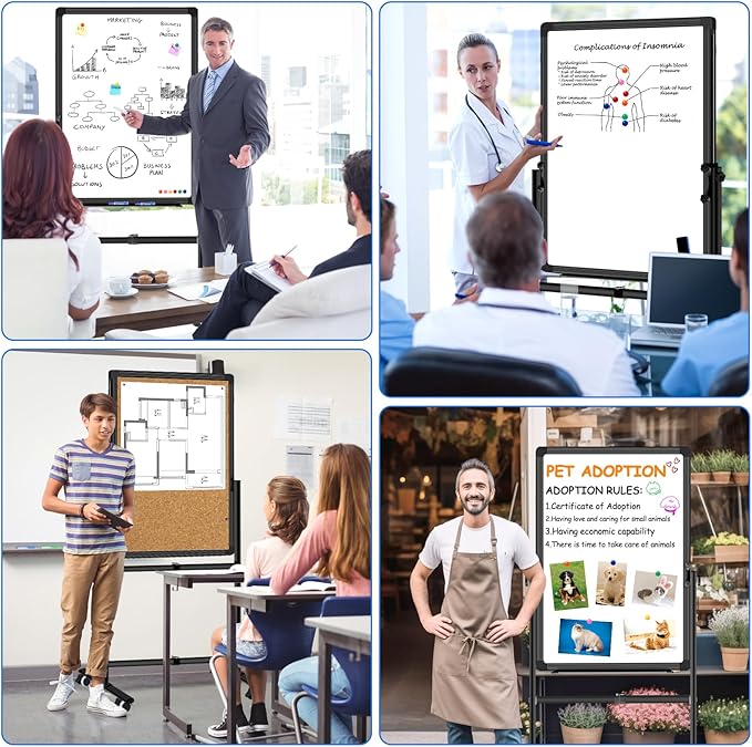 Max-officoo Double Sided Whiteboard & Cork Board on Wheels 30"x40" Adjustable Height & Angle Mobile Magnetic Dry Erase Board with Rolling Stand
