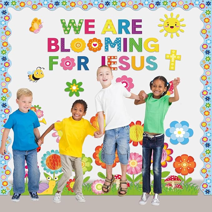 Pajean Spring Christian Bulletin Board Sets Classroom Decor, We are Blooming for Jesus Religious Cutouts 3D Flower Honeycomb Cross Borders, Sunday School Church Wall Door Decoration Office Supplies