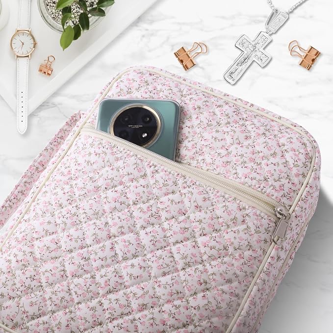 WOBAGMEN Bible Cover Case for Women,Large Bible Tote Bags Organizer Quilted Carrying Case for Girls,Bible Study Supplies Accessories Christian Gifts for Women (Pink Floral, L)