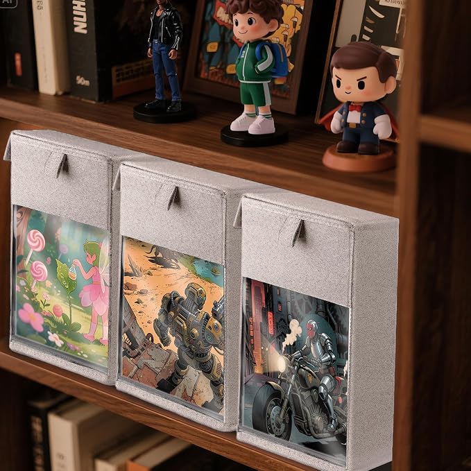 2 Pack Comic Book Storage Box with Lid for Modern Age, Collapsible Magazine Organizer with Clear Window, Beige