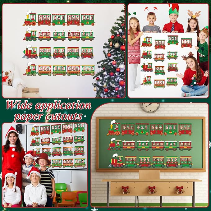 60pcs Christmas Theme Cutouts Xmas Trains Bulletin Board Decoration Set Christmas Train Paper Cut-Outs Classroom Decor for Xmas Holiday DIY Photo Craft Winter Party School Classroom Wall Door Supplies