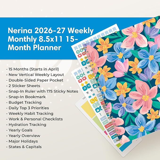 Blue Sky 15 Month 2026-2027 Weekly and Monthly Academic Year Planner Calendar, April 2026 - June 2027, 8.5" x 11", Hard Cover, Wirebound, Laminated Tabs, Storage Pocket, Includes Snap-in Ruler w/Sticky Notes & Sticker Sheet, Nerina