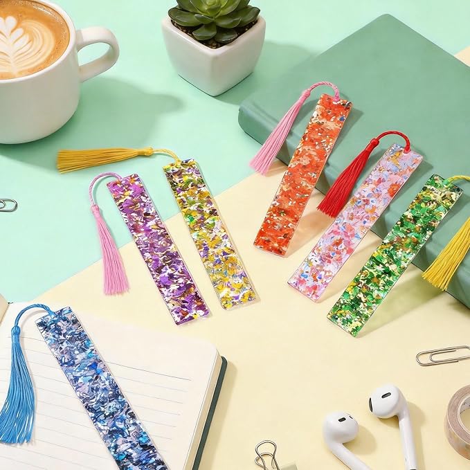 Leezmark 6 Pcs Resin Glitter Bookmarks with Colorful Silk Tassels, Transparent Acrylic Unique Bookmarks for Kids Reading, Cool Book Accessories for Book Lover Gifts (6 Colors)