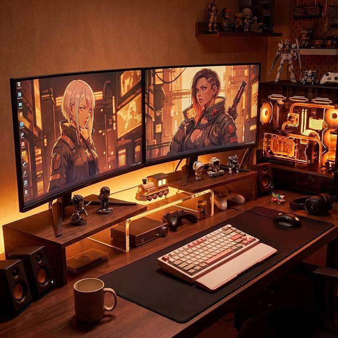 High-Clarity Dual Monitor Riser, Acrylic Monitor Riser, Adjustable Angle & Length Computer Monitor Stand, Wide Desk Shelf for Top of Desk for Home Office_Walnut Look Small