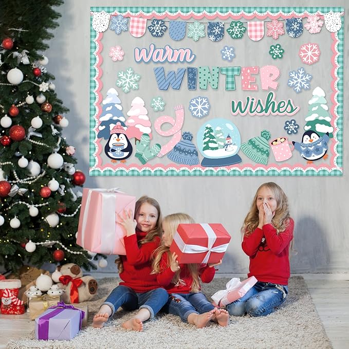 Winter Wonderland Bulletin Board Set Warm Winter Wishes Snow Globe Classroom Decorations Snowflakes Penguins Mittens Hats Trees Paper Cutouts for Office Home Library Wall Holiday Display