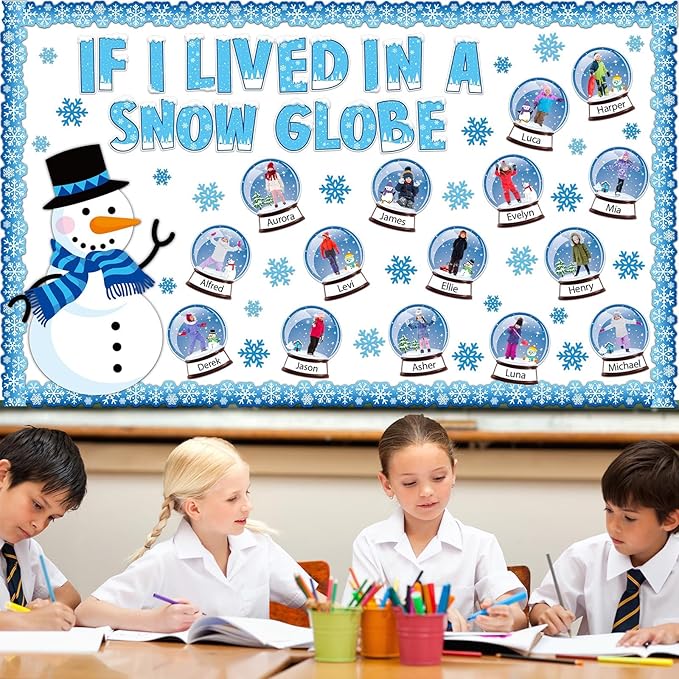 94pcs Winter Bulletin Board Decorations Set Let It Snow Snowmen Paper Cutouts for Posting Photo Globe Cutouts with Snowflakes Borders Christmas January Holiday Classroom Chalkboard Wall Decor Supplies