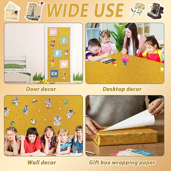 Glitter Bulletin Board Paper Roll Sparkle Wrapping Paper Bulletin Board Decor Glitter Poster Gift Wrapping DIY Art Crafts Wallpaper Background for Home Office Classroom Decoration 17" x 20ft, Gold