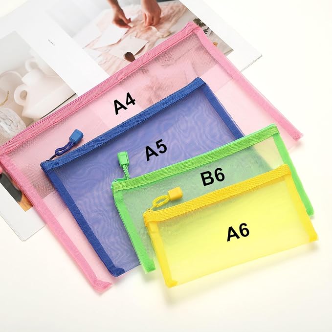 PATIKIL A4 Mesh Zipper Pouch Bags, 5 PCS Mesh Bags with Zipper Plastic Storage Pocket for Organizing File Beads Office Home Supplies, 34x24cm, Pink