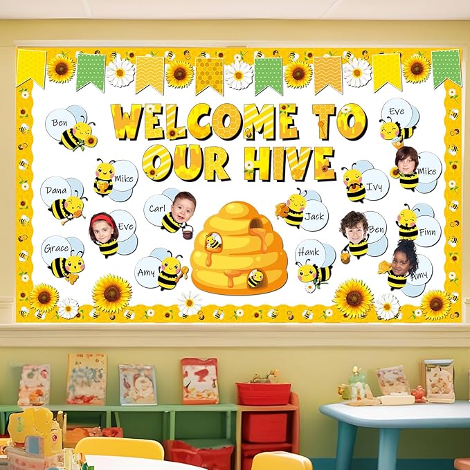 gisgfim Spring Bee Bulletin Board Decorations Set Bee Sunflower Paper Name Tags Paper Cutouts Welcome to Our Hive Classroom Bulletin Board Decor for Summer Back to School Home Chalkboard Wall