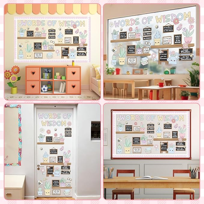 Spring Bookshelf Bulletin Board Set Pastel Motivational Words of Wisdom Classroom Decoration Inspirational Positive Potted Plant Flowers Cutouts for School Office Home Library Chalkboard Wall Decor