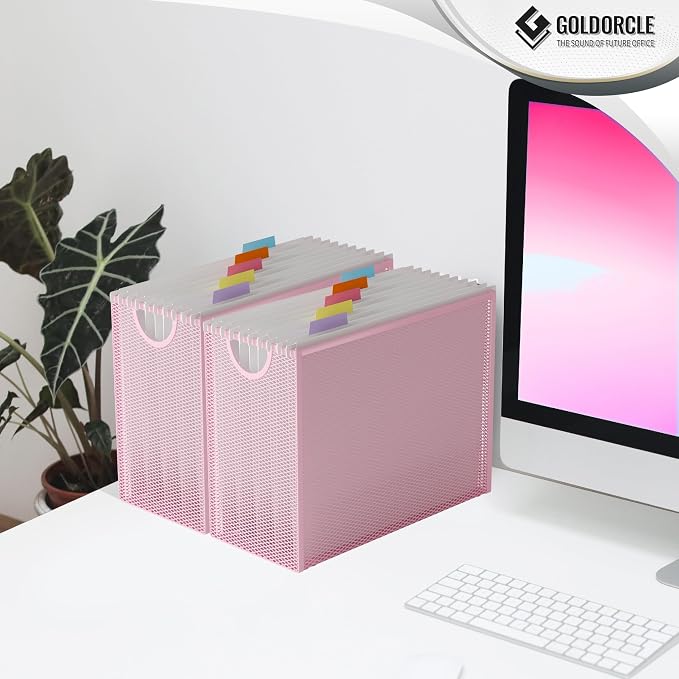 Hanging File Organizer, Letter-Size File Holder Filing Box with 5 Hanging Folders, Metal Mesh Desk File Folder Storage(No Assembly Required) (Pink, with 5 Grey Folders)