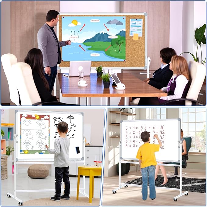 Max-officoo Double-Sided Whiteboard and Corkboard with Rolling Stand 36"x24" Mobile Magnetic Dry Erase Board on Wheels, Adjustable Height & Angle Standing Boards for Office, School, Home