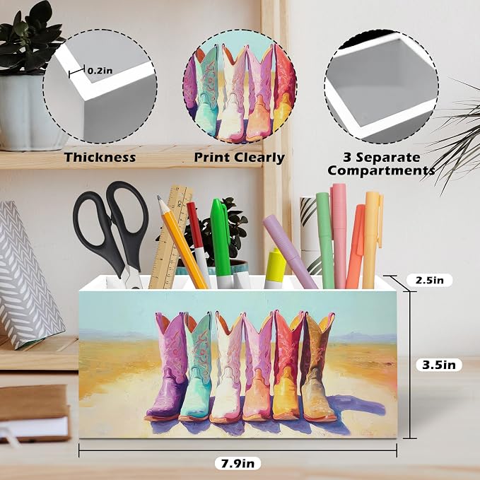 Western Cowgirl Boots Pen Holder, Rustic Country Western Office Pen Pencil Holder Organizer for Desk Accessories, Cowgirl Gifts Wooden Box Desk Decor for Home Office Desk Decorations