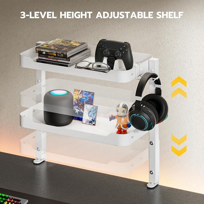 ARES WING 2-Tier Clamp On Desk Shelf, 16 inch Adjustable Above or Under Desk Storage Shelves Holds 66 lbs, Heavy Duty Desktop Organizer with Headphone Holder for Working and Gaming Accessories, White