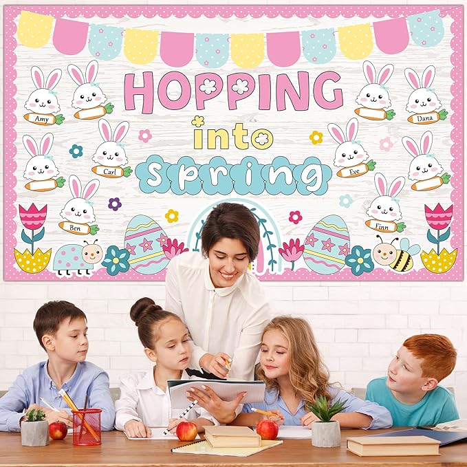 Spring Easter Bunny Bulletin Board Set Hopping Into Spring Classroom Decor Easter Egg Flowers Rainbow Writable Rabbit Cutouts April Bulletin Board for Back to School Party Home Office Chalkboard Decor