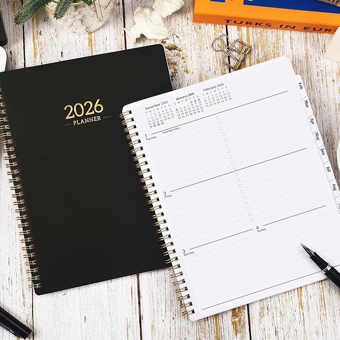 2026 Planner - Calendar/Planner 2026 Weekly and Monthly with Tabs, 8" x 10", Jan. 2026 - Dec. 2026, Flexible Cover + Twin-Wire Binding + Calendars, Daily Organizer - Black