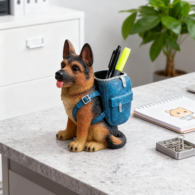 German Shepherd Pen Holder, Office Desk Organizer, Pencil Holder with Backpack, Decorative Resin Dog Statue, Pen Storage for Office, School, Home, Ideal Gift for Dog Lovers (A)