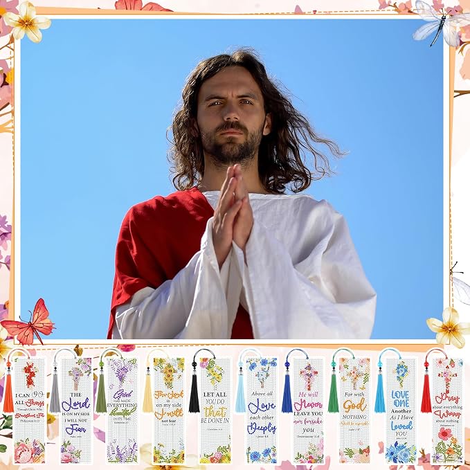 Sinload 10 Pcs Christian Bible Verse Diamond Art Bookmark for Adults Christian Diamond Bookmarks with Tassels 5d Watercolor Floral Cross Bookmarks for Reading Lover DIY Crafts Religious Gifts