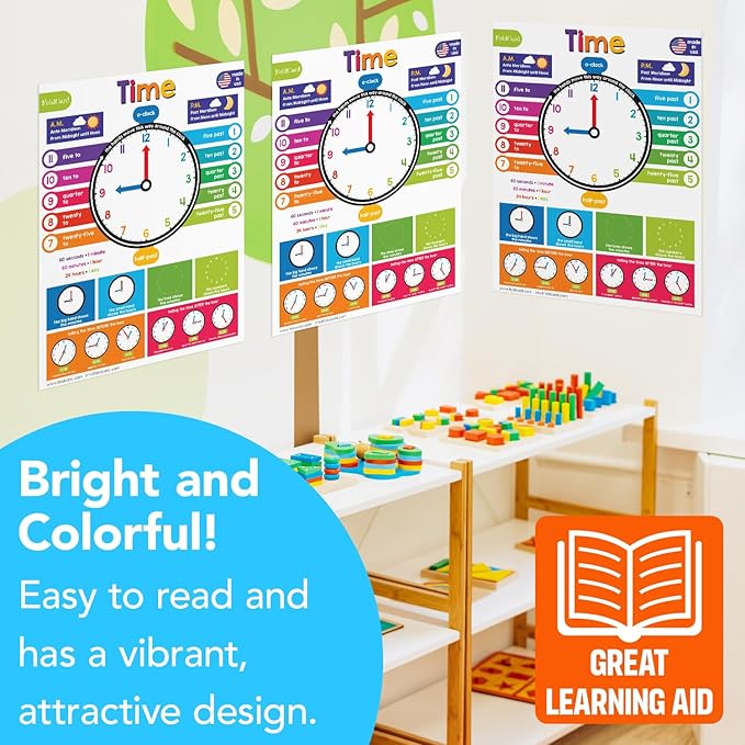 Time Chart for Preschool to Grade 1 Kids – Learn How to Tell the Time – Colorful Educational Visual/Learning Aid Poster for Classroom or Home | Glossy Durable Cardstock | 8.5" x 11" | 5 per Pack