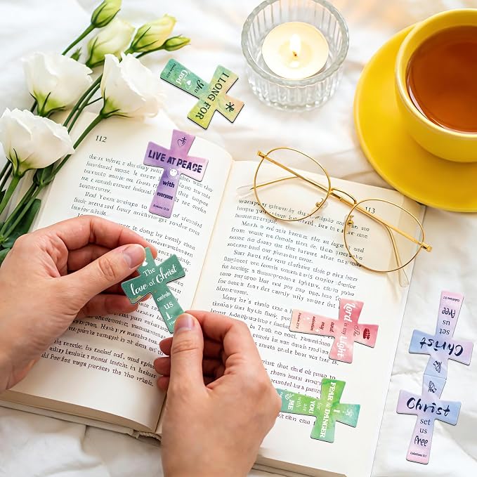 25Pack Magnetic Bookmarks Bulk Cross Bible Bookmark Christian Bookmarks for Women Men Kids Adults Teacher Book Lovers Gifts, Book Marks for Reading Religious Verses Magnet Bookmark Clips (Watercolor)