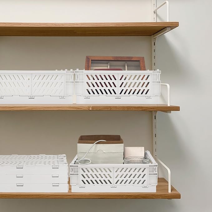 2 Pack Mini Foldable Small Plastic Baskets for Organizing and Storage,Collapsible Storage Crates,Mini Bins for Home Kitchen Bedroom Bathroom Office (White, Large 10x6.5x4)