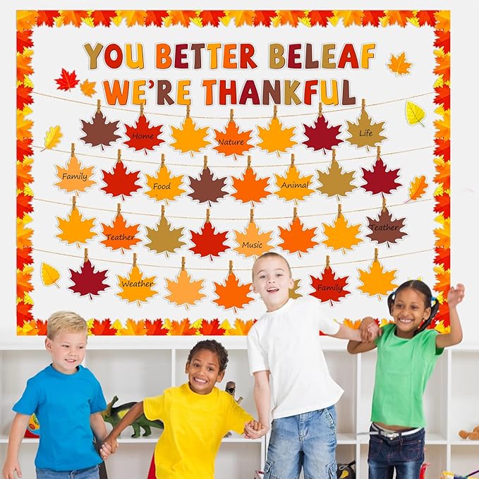 Pajean Thanksgiving Bulletin Board You Better Be Leaf We're Thankful Cutouts Fall Classroom Decor with Wooden Clips Rope for Autumn School Home Chalkboard Wall Window Door Decor
