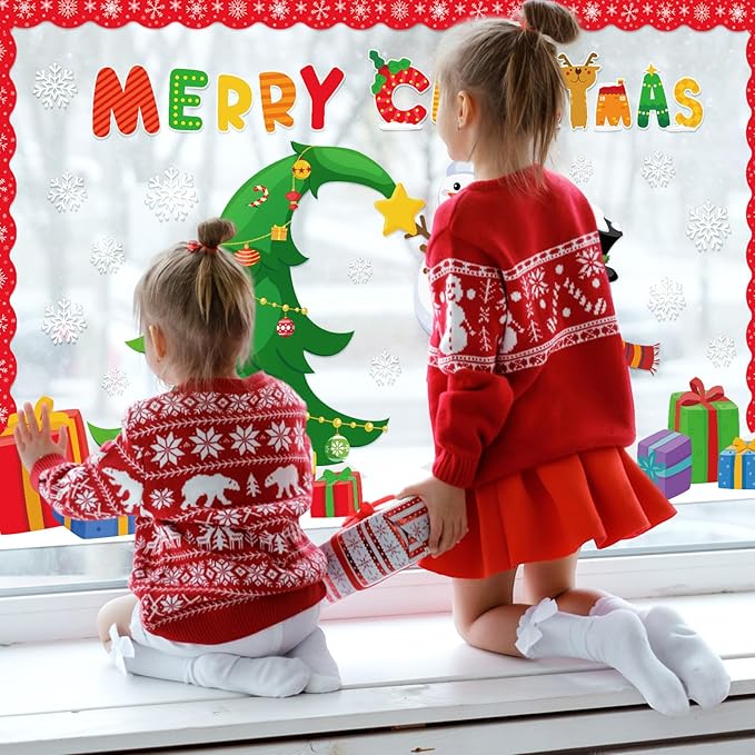 Funrous Christmas Bulletin Board Decoration Set Xmas Tree Classroom Decor Snowman Santa Claus Gnome Snowflake Cutout Winter Border Trim for Xmas Holiday Office Wall Door Supplies (Merry Christmas)