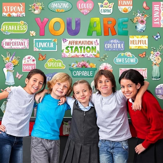 45pcs Spring Bulletin Board Set Motivational Posters Classroom Mirror Growth Mindset Decor Positive Affirmations Accents Flower Cutouts for School Office Home Teacher Wall