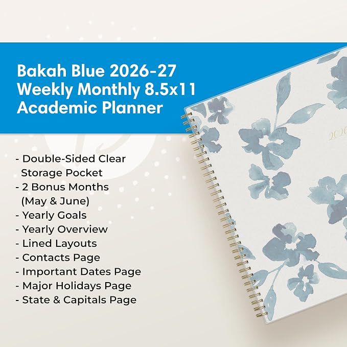 Blue Sky 2026-2027 Weekly and Monthly Academic Year Planner Calendar, July 2026 - June 2027, 8.5" x 11", Flexible Cover, Wirebound, Storage Pocket, Bakah Blue