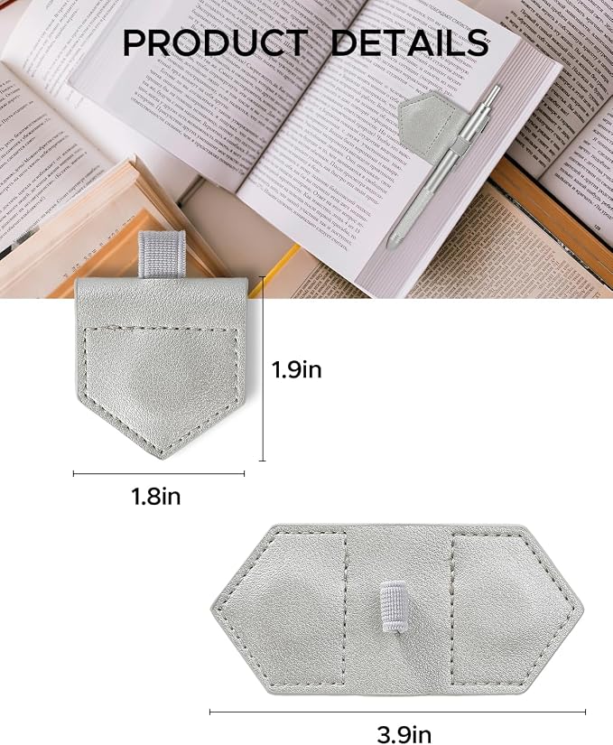 Magnetic Leather Bookmarks with Pen Holder Vegan Leather Book Marks Gifts for Reading Book Lovers Notebook Travelers (Silver-2PC)