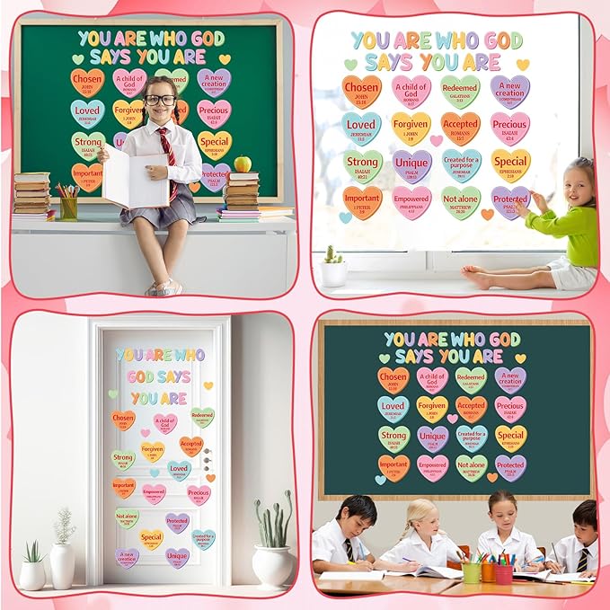 Christian Bulletin Board Decorations Set Motivational Quote Paper Cutout God Says You are Valentine's Day Classroom Wall Decor Conversation Heart Bulletin Board for Sunday School Home Church Supplies