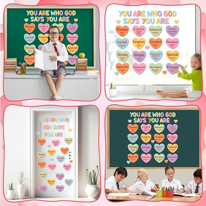 Christian Bulletin Board Decorations Set Motivational Quote Paper Cutout God Says You are Valentine's Day Classroom Wall Decor Conversation Heart Bulletin Board for Sunday School Home Church Supplies
