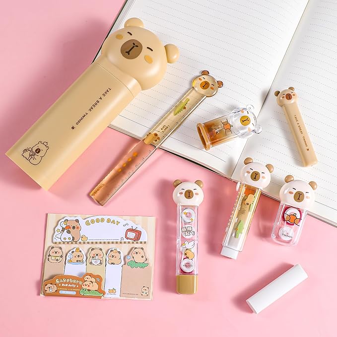 9 Pcs Cute Capybara Stationary Set Kawaii School Supplies Japanese Stationery, Includes Pencil Sharpener, Eraser, Correction Tape, Glue Tape, Sticky Notes, Ruler, Scissors for Office School Supplies