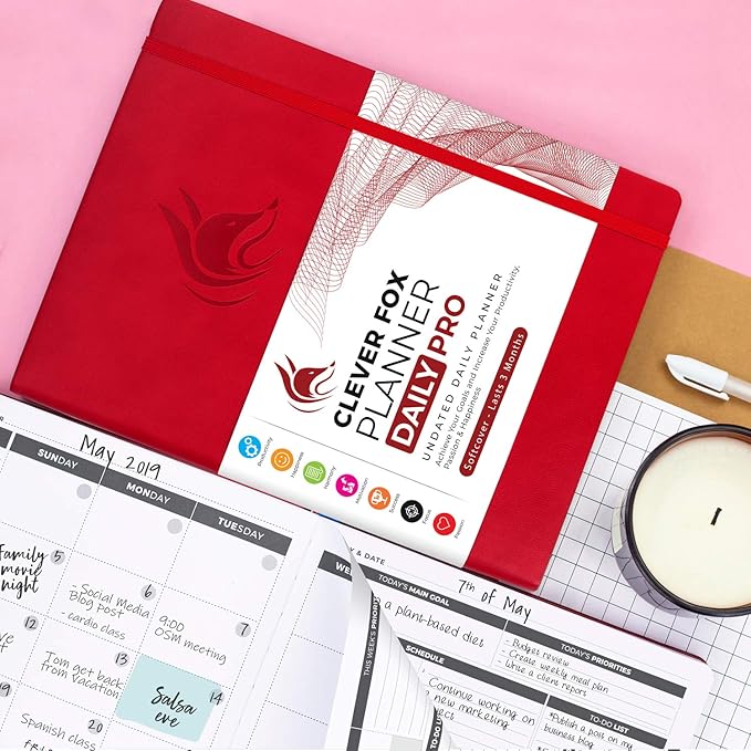 Clever Fox Planner Daily PRO - 8.5 x 11" A4 Size Daily Life Planner and Gratitude Journal to Increase Productivity, Time Management and Hit Your Goals - Undated - Lasts 3 Months (Red)