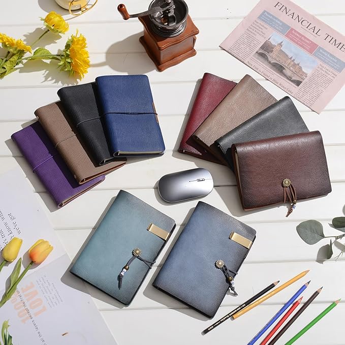 Wonderpool Leather Journal Lined Paper Notebook & Pen - Refillable 6 Ring Binder Writing Spiral Diary with Ruled Notepads Vintage Cover for Office Travel Work and Plan Agenda (A6, a-Mist blue)
