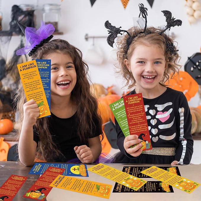 TICIAGA Halloween Pumpkin Bible Bookmarks - 60PCS Pumpkin Prayer Bookmarks for Kids Religious Christian Church Bible Verses Bookmark Giveaways for Sunday School Halloween Party Favors for Classmates