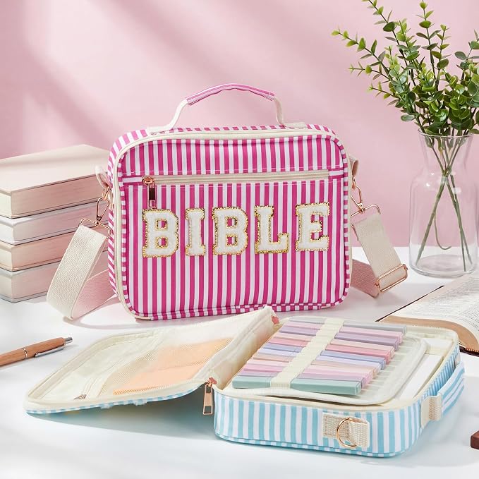 Dansydaisy Bible Cover Case for Women Large Chenille Letter Stripe Church Bible Bag with Shoulder Strap for Women(Rose Red)
