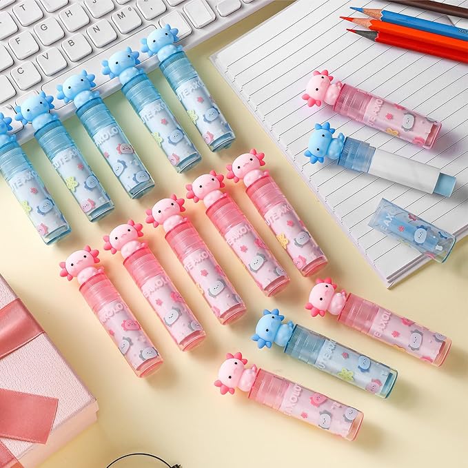 Gersoniel 16 Pcs Axolotl Retractable Erasers Axolotl Birthday Party Favor Gifts School Classroom Supplies Sliding Retractable Pink Blue Cute Animals Pencil Erasers for Amphibian Lovers Office Home