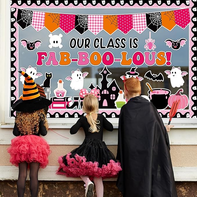 Halloween Classroom Bulletin Board Decoration Halloween Ghost Bulletin Board Set Decor Pink Black Ghost Boo Spider Cutouts Bat Castle Classroom Decoration for School Home Wall Party Decor